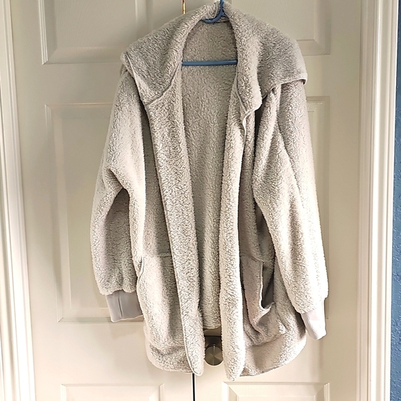 New Chicgal Fuzzy Hooded Open Front Sherpa Jacket Coat W Pockets 2XL Oatmeal - Picture 6 of 14